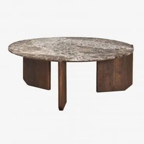 Ronde Salontafel Van Natuursteen En Mangohout Lavinia Donker Handvat Hout & Ø85 Cm & Bruin Marmer Emperador - Sklum