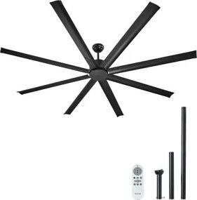 VEVOR 213 cm plafondventilator zonder licht, 6-snelheden afstandsbediening, 8 aluminium bladen, omkeerbare DC-motor, ventilator voor slaapkamer, woonkamer, terras, binnen/buiten, zwart