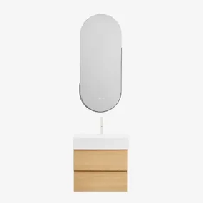 Badkamermeubelset Van Hout En Essenhoutfineer Met Geïntegreerde Wastafel Ona Natuurlijk Hout & Oval Led And Antifog Black 45x105 Cm Vacson & - Sklum