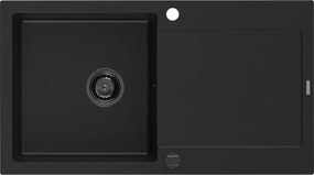 Mexen Leo granieten spoelbak met 1 bak en afdruiprek 900 x 500 mm, zwart, zwarte sifon - 6501901010-77-B