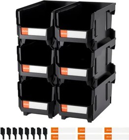 VEVOR stapeldozen, 377 x 215 x 180 mm (6-pack), opbergdozen, opbergdozen met open voorkant, voor het organiseren en opbergen van kleine onderdelen, kantoorbenodigdheden en andere accessoires, zwart