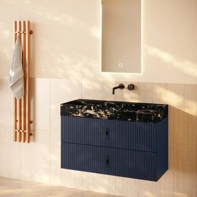 Muebles Murcia badmeubel ribbelfront 100cm marine blauw met Portoro Gold wastafel zonder kraangat