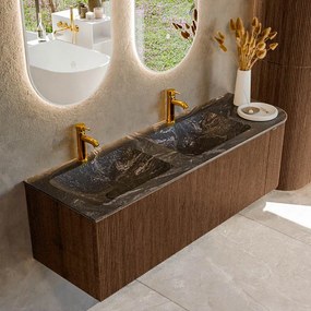 Mondiaz Kurve-dlux 145cm badmeubel ronding rechts walnut met 1 lade en deur en wastafel leaf dubbel/links 2 kraangaten lava