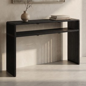 Wandtafel Zwarte Teak Latjes - 130 X 30cm.