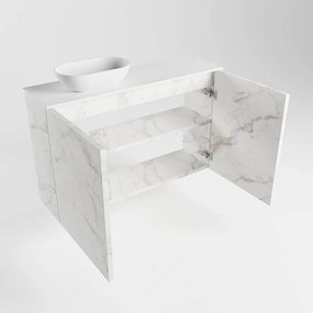 Mondiaz Fowy toiletmeubel 80cm Carrara met witte waskom links en kraangat