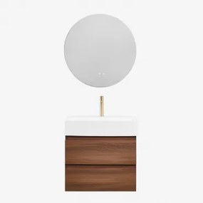Badkamermeubelset Van Hout En Essenhoutfineer Met Geïntegreerde Wastafel Ona Donker Hout & Round Led And Antifog Ø70 Cm Solyn & - Sklum