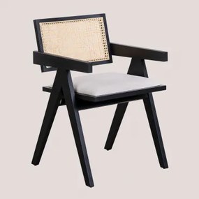 Set Van 4 Gestoffeerde Eetkamerstoelen Met Armleuningen In Essenhout En Rotan Lali Gewoon Zwart - Sklum