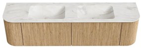 Mondiaz Kurve-dlux 180cm badmeubel ronding links/rechts oak met 2 lades en deuren en wastafel leaf dubbel 2 kraangaten ostra