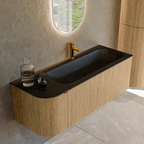 Mondiaz Kurve 125cm badmeubel ronding links oak met 1 lade en deur en wastafel big medium kraangat rechts urban