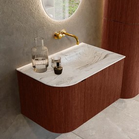 Mondiaz Kurve-dlux 75cm badmeubel ronding links ruby met 1 lade en deur en wastafel grunne rechts zonder kraangat glace
