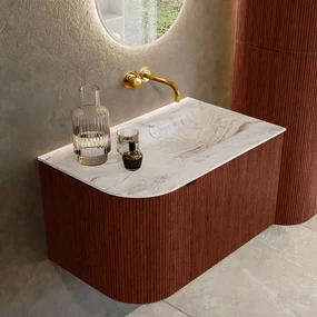Mondiaz Kurve-dlux 75cm badmeubel ronding links ruby met 1 lade en deur en wastafel grunne rechts zonder kraangat glace