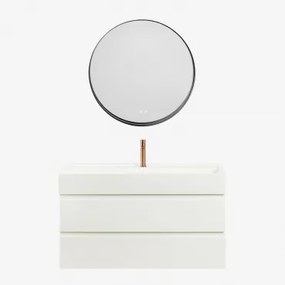 Ona Zwevend Badkamermeubelset Van Hout En Essenfineer Met Geïntegreerde Wastafel Wit & Round Led And Antifog Zwart Ø80 Cm Kimacs - Sklum