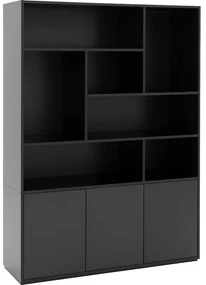 Goossens Basic Buffetkast Madrid, 3 dichte deuren 7 open vakken, zwart melamine, 139 x 191 x 45 cm, elegant chic
