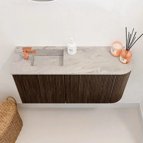 Mondiaz Joya DLux 80cm toiletmeubel ronding rechts walnut met wastafel faye links 1 kraangat glace