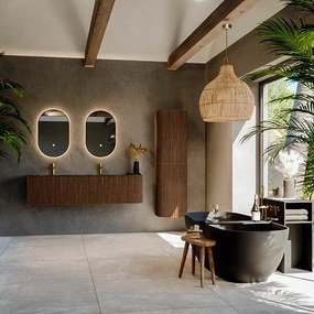 Mondiaz Kurve-dlux 165cm badmeubel ronding rechts walnut met 2 lades en 1 deur en wastafel stor small dubbel/links 2 kraangaten lava