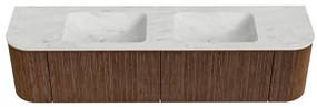 Mondiaz Kurve-dlux 180cm badmeubel ronding links/rechts walnut met 2 lades en deuren en wastafel leaf dubbel zonder kraangat opalo