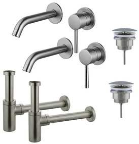 Fortifura Calvi Slim Wastafelkraanset - voor dubbele wastafel - inbouw wastafelkraan - always open plug - design sifon - Geborsteld RVS PVD (RVS) 2x SW377860/2x SW696207/2x SW696212