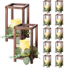 VEVOR 12-delige set, houten lantaarns, inclusief 12 houten lantaarnkaarshouders, 12 vlamloze LED-kaarsen, 12 eucalyptusbladkrans voor bruiloftstafel, feest, boerderijdecoratie, bruin
