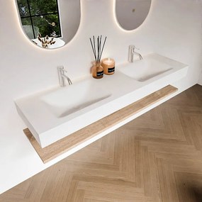 Zaro Alan badmeubel 160cm met planchet washed oak en vrijhangende wastafel cloud dubbel 2 kraangaten talc