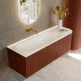 Mondiaz Kurve-dlux 135cm badmeubel ronding rechts ruby met 1 lade en deur en wastafel big medium links zonder kraangat ostra