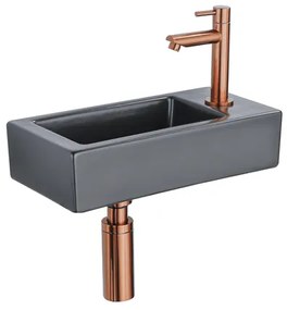 QeramiQ Fuente Fonteinset - 37.5x18.5x9cm - keramiek - kraangat rechts - fonteinkraan geborsteld koper - afvoerplug - verlaagd sifon - Mat Zwart SW1122447/SW799405/SW799403/SW970033