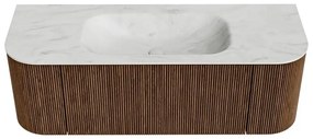 Mondiaz Kurve-dlux 130cm badmeubel ronding links/rechts walnut met 1 lade en 2 deuren en wastafel big small midden 1 kraangat opalo