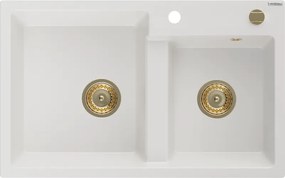 Mexen Tomas granieten gootsteen 2-kamers 800 x 500 mm, wit, gouden sifon - 6516802000-20-G