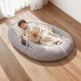 VEVOR Hondenmand voor mens en hond, 132x86x24 cm, Hondenmand van traagschuim op mensenformaat, met zijvak, handvat en ritssluiting, afneembare, machinewasbare hoes, lang pluche, grijs