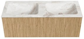 Mondiaz Kurve-dlux 120cm badmeubel oak met 1 lade en wastafel leaf dubbel 2 kraangaten frappe