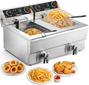 VEVOR Commerciële Friteuse 2 x 8 L, Elektrische 3 kW Tafelmodel Friteuse met Dubbele Tank & Mand, Dubbele Roestvrijstalen Friteuse, Tijd- en Temperatuurregeling, voor Keuken en Restaurants