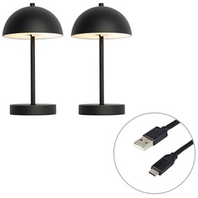 LED Set van 2 buiten tafellamp met dimmeren mushroom zwart oplaadbaar - Keira Modern IP44 Buitenverlichting rond Lamp