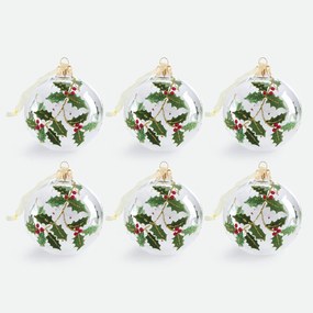 Set van 6 glazen kerstballen met hulstmotief, CASPAR