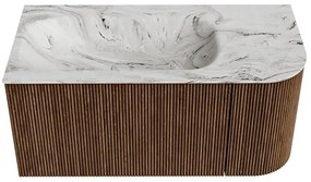 Mondiaz Kurve-dlux 95cm badmeubel ronding rechts walnut met 1 lade en deur en wastafel big small kraangat links glace