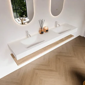 Zaro Alan badmeubel 190cm met planchet washed oak en vrijhangende wastafel cloud dubbel 2 kraangaten talc