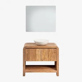 Vacry Houten Badkamermeubelset Acacia Bruin & Rond Cement Wit Ø40 Cm Zavion & Rechthoekige Led En Anticondens 80x70 Cm Riben & Zonder Kraan - Sklum