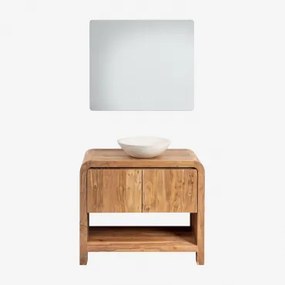 Vacry Houten Badkamermeubelset Acacia Bruin & Rond Cement Wit Ø40 Cm Zavion & Rechthoekige Led En Anticondens 80x70 Cm Riben & Zonder Kraan & ↔ -