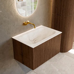 Mondiaz Kurve-dlux 70cm badmeubel walnut met 1 lade en wastafel big small midden zonder kraangat frappe