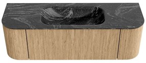 Mondiaz Kurve-dlux 140cm badmeubel ronding links/rechts oak met 1 lade en 2 deuren en wastafel big small midden 1 kraangat lava