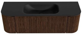 Mondiaz Kurve 140cm badmeubel ronding links/rechts walnut met 1 lade en 2 deuren en wastafel big small midden zonder kraangat urban
