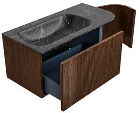 Mondiaz Kurve-dlux 95cm badmeubel ronding rechts walnut met 1 lade en deur en wastafel big small links zonder kraangat lava