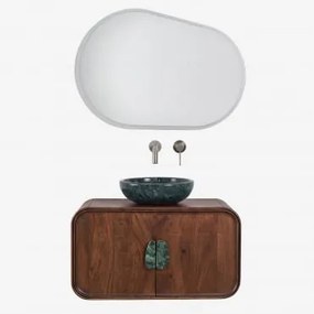Hangend Badkamermeubelset 95x45 Cm Van Mangohout En Natuurlijke Kivalina-steen Ovaal Led En Anticondens 100x80 Cm Riben & Geborsteld Grijs Ingebed Met