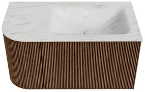 Mondiaz Kurve-dlux 85cm badmeubel ronding links walnut met 1 lade en deur en wastafel cloud rechts zonder kraangat opalo