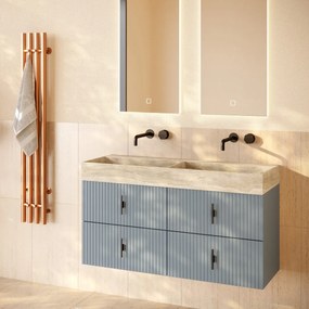 Muebles Murcia badmeubel ribbelfront 120cm baby blauw met White Travertin wastafel zonder kraangaten
