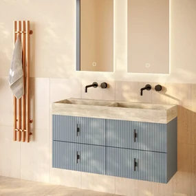 Muebles Murcia badmeubel ribbelfront 120cm baby blauw met White Travertin wastafel zonder kraangaten