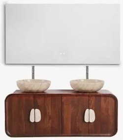 Dubbel Zwevend Badkamermeubelset 130x45 Cm Van Mangohout En Natuurlijke Kivalina-steen Travertijn - Donker Mangohout & 2 X Ronde Travertijn Ø40 -