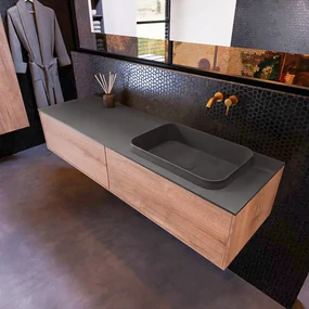 Mondiaz Erin 150cm badmeubel Washed Oak met 2 lades en donkergrijze wastafel rechts zonder kraangaten
