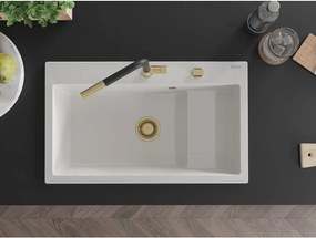 Mexen Omar granieten gootsteen 1-komorige 800 x 480 mm, wit, gouden sifon - 6520801005-20-G
