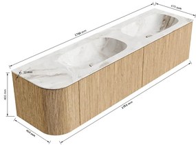 Mondiaz Kurve-dlux 175cm badmeubel ronding links oak met 2 lades en 1 deur en wastafel stor small dubbel/rechts zonder kraangat frappe