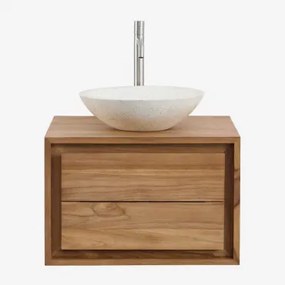 Jabari Teakhouten Badkamermeubelset Teakhout & Rond Cement Wit Ø40 Cm Zavion & Spiegelloze & Geborsteld Grijs ↑30 Cm Met - Sklum