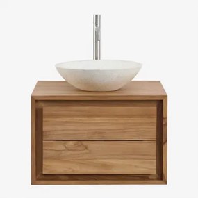 Jabari Zwevend Badkamermeubelset Van Teakhout Teakhout & Rond Cement Wit Ø40 Cm Zavion & Spiegelloze & Geborsteld Grijs ↑30 Cm - Sklum